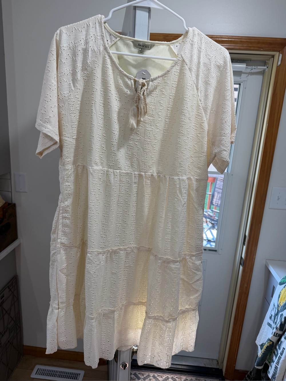 Cream Eyelet Tiered Tunic Dress with Tassel Tie